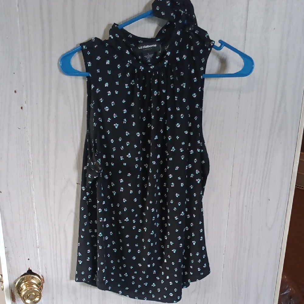 Liz Claiborne Black Blouse with Blue Pattern
